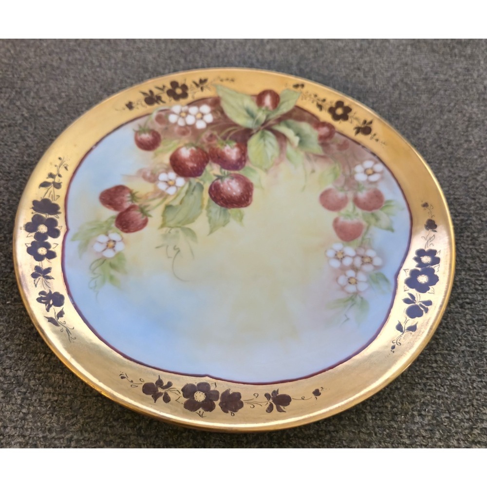 Antique Hand Painted Porcelain Plate Strawberry Gold Border Signed M Vandevelde